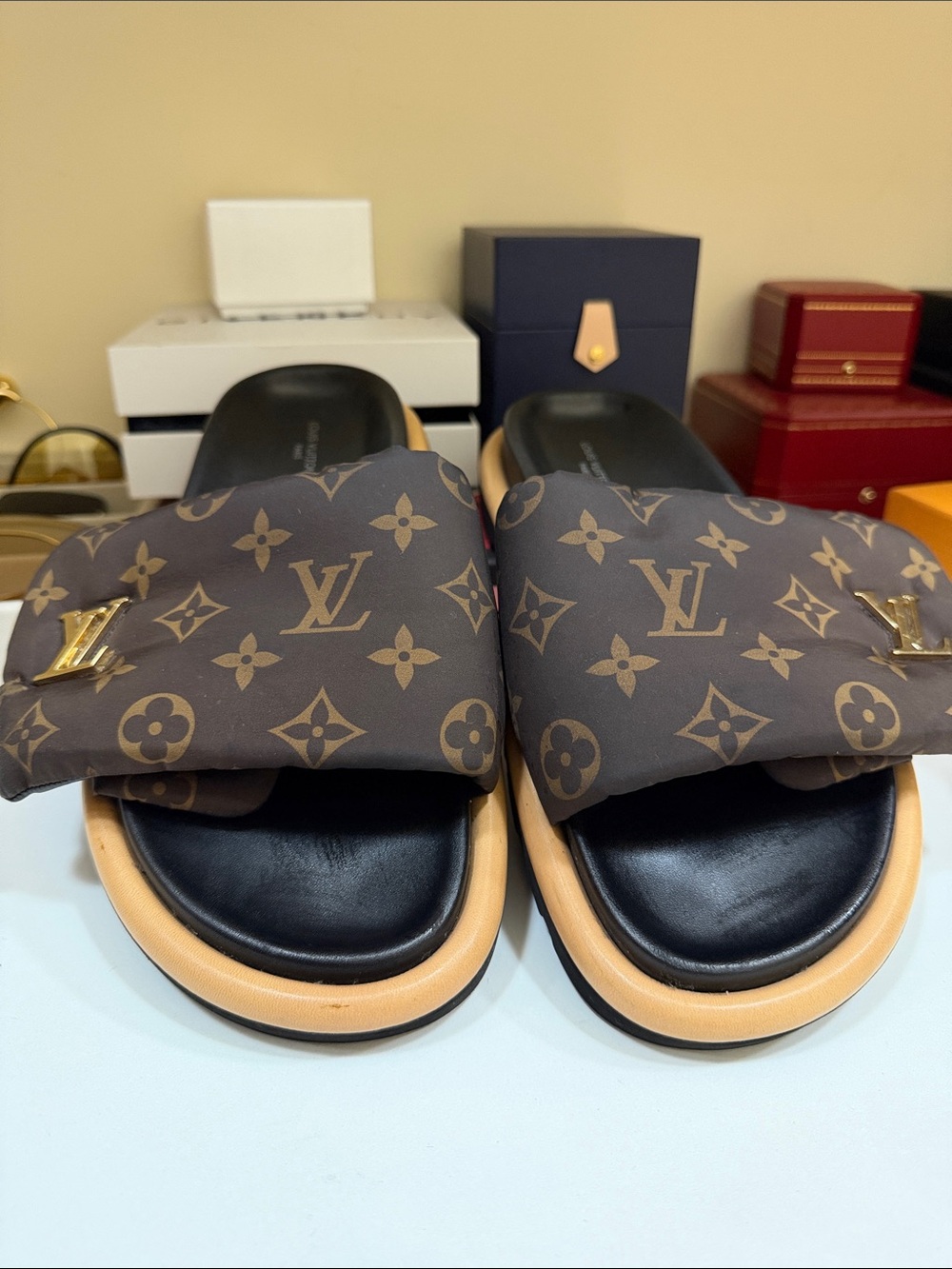 Louis Vuitton Monogram Padded Slide Sandals - Brown/Black